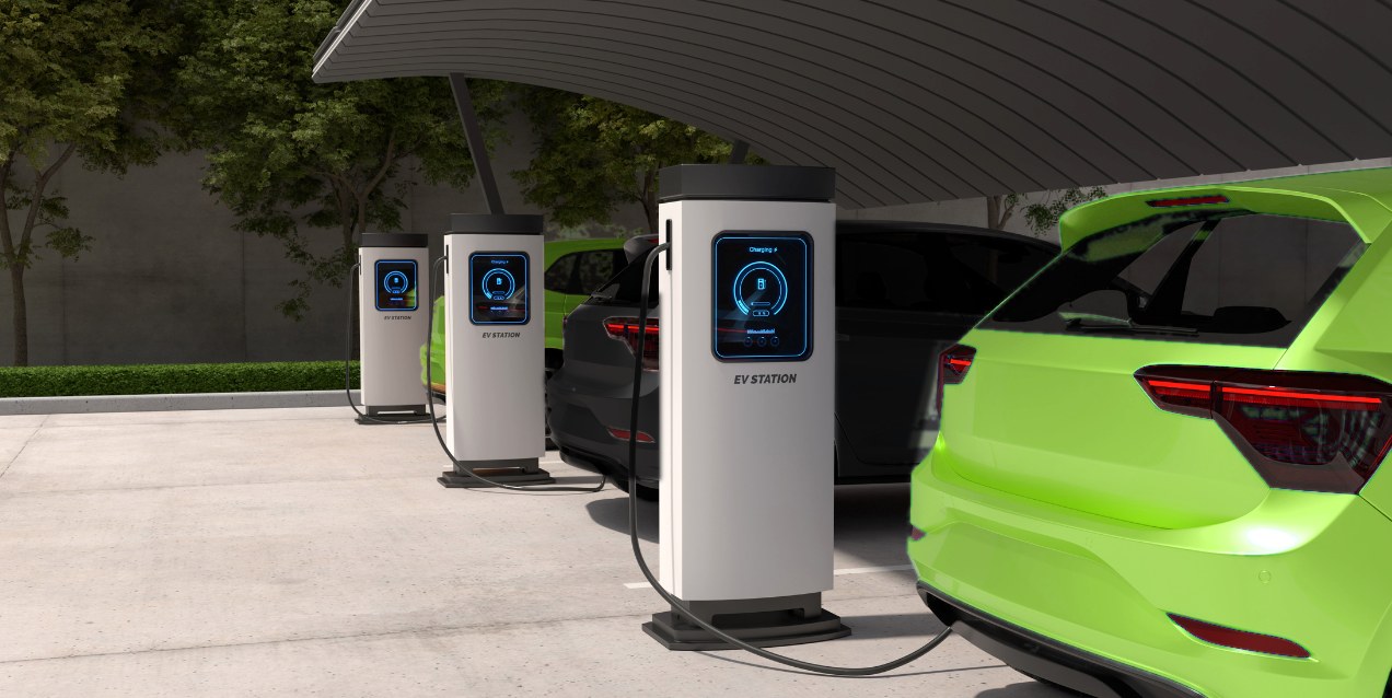 Bornes de recharge pour véhicules électriques sur un parking couvert (illustration)